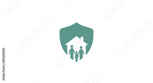 Green shield with family and house.