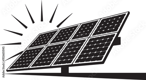 Solar panel with sun rays on white background black and white