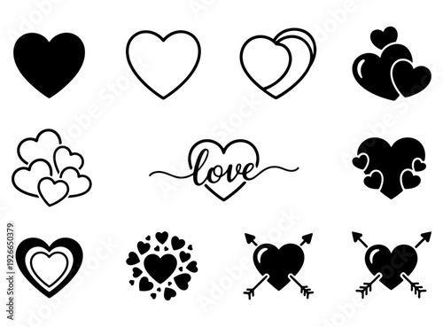 Collection of diverse black heart design symbols for love and romance illustrations