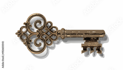 An ornate, vintage key with intricate details and patterns viewed from a straightforward angle
