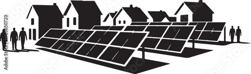 Solar panels and houses with people standing around
