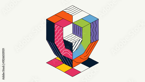 Isometric 3D Vector Illustration of Geometric Shapes in a Modern Office Environment from a 45-Degree Angle