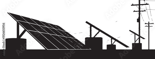 Solar panels and power lines on white background electricity