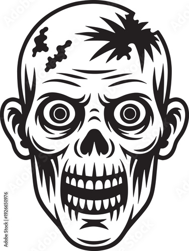 Zombie head illustration with open mouth, damaged face, and exposed teeth