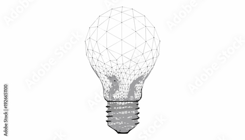 A professional vector illustration of a wireframe light bulb representing innovation and creativity in a futuristic digital environment from a front viewpoint