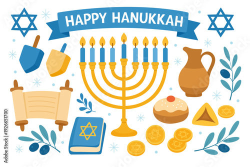 Festive Hanukkah icons featuring menorah, dreidel, and Star of David. Vibrant Jewish holiday vector illustrations ideal for party decorations and religious greeting cards.