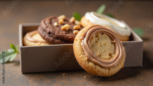 Assorted cookie sweet dessert chocolate vanilla nut icing bakery snack gourmet arranged in box for gifting or sharing