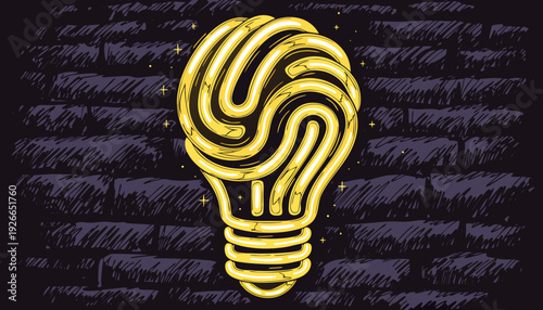 Vector illustration of an antique steampunk styled lightbulb on a brick wall background