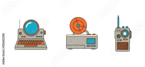 Retro vintage electronic devices set featuring old computer with round screen tape recorder player and walkie talkie radio communication gadget isolated vector illustration