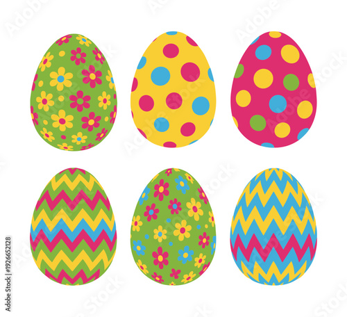 Colorful Easter eggs collection with various patterns including flowers polka dots and zigzag lines in bright spring colors like green yellow pink and blue vector illustration