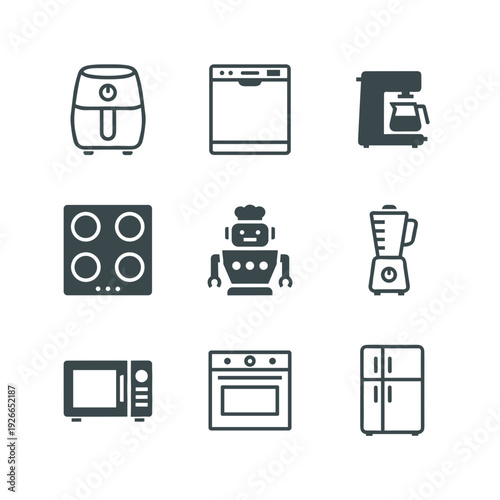 Kitchen appliance and household electronic icons set featuring air fryer dishwasher coffee maker stove robot blender microwave oven and fridge