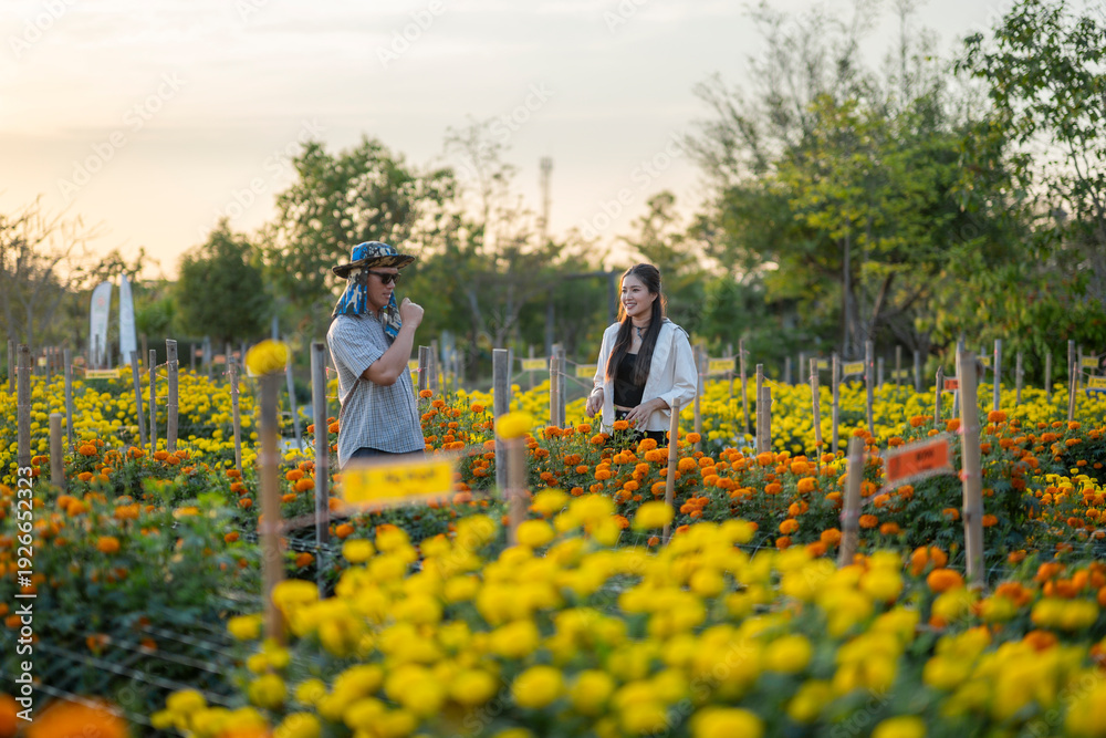 Fototapeta premium Marigold field worker and visitor discussing flowers