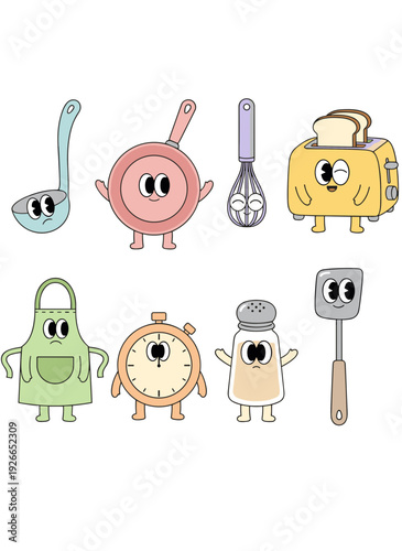 Cheerful anthropomorphic kitchen utensils and appliances characters vector illustration set including toaster pan ladle whisk apron timer salt shaker spatula with arms and legs