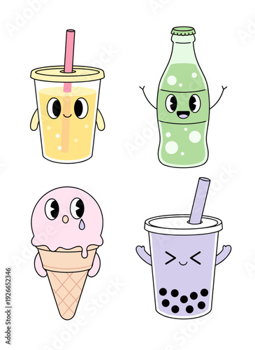 Refreshing summer drinks and ice cream cone with cute faces kawaii beverage vector set featuring soda bottle juice cup bubble tea milkshake cone cold sweet refreshment