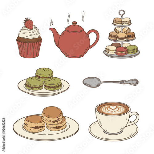 Elegant Afternoon Tea Set Illustration with Cup of Coffee Teapot Macarons Cupcake Scones and Vintage Spoon for Dessert Menu and Cafe Decor