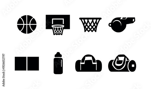 Basketball equipment: basketball, hoop, backboard, net, whistle, scoreboard, water bottle, sports bag