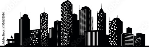 Urban panorama. City exterior black buildings silhouettes