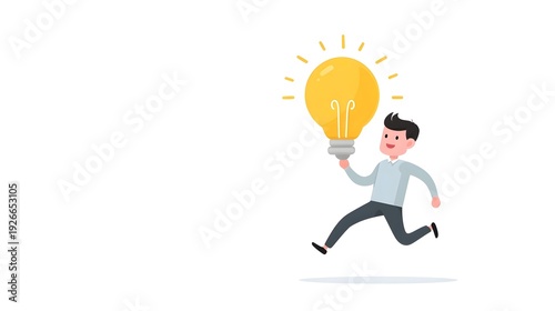 Wallpaper Mural Whimsical cartoon character featuring a glowing lightbulb as its head depicted in mid air jump symbolizing a moment of brilliant inspi n and innovative thought on a plain white backdrop Torontodigital.ca