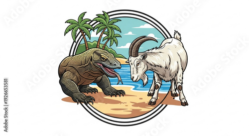 T rex and goat face off on tropical beach with palm trees