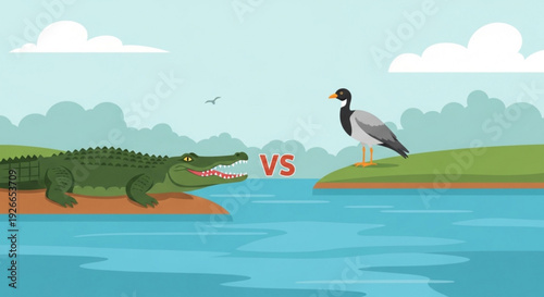 Crocodile versus bird standing on riverbanks facing each other with 'vs' text between them in a cartoon style landscape