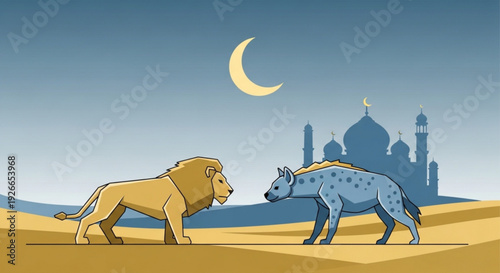 Lion and hyena face off in desert landscape with mosque silhouette at dusk under crescent moon