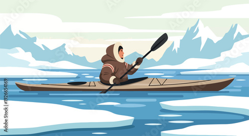 Illustration of a person in a brown hooded jacket paddling a kayak through icy waters with snow-capped mountains in the background under a pale sky.