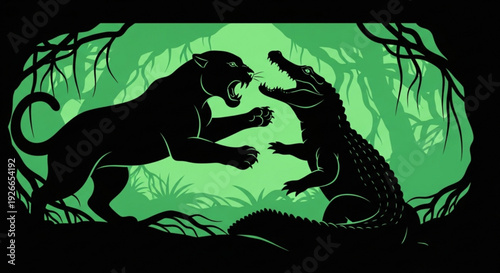 Dramatic jungle scene with a panther and crocodile facing off in a fierce standoff at dusk