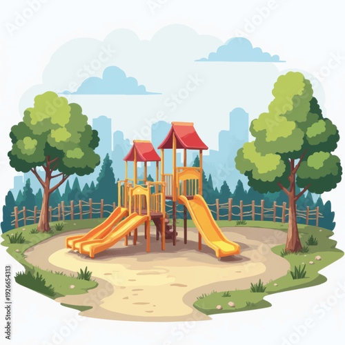 Children Playground with Climbing Structure and Slides.