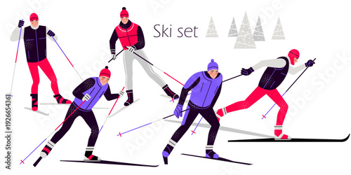 set of skiers in different poses drawn in cartoon style. people skiing, winter marathon. flat drawing, bright colors. stock vector illustration. EPS 10.