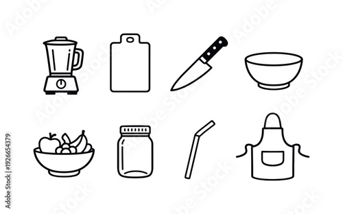 Home smoothie prep items: blender, cutting board, chef knife, mixing bowl, fruit bowl, mason jar, reusable straw, apron