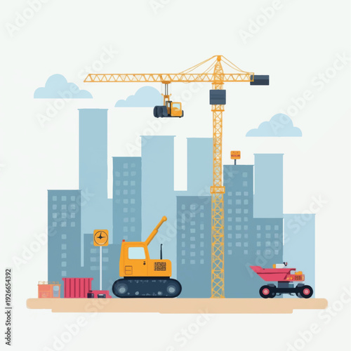 Construction Site with Crane and Machinery.