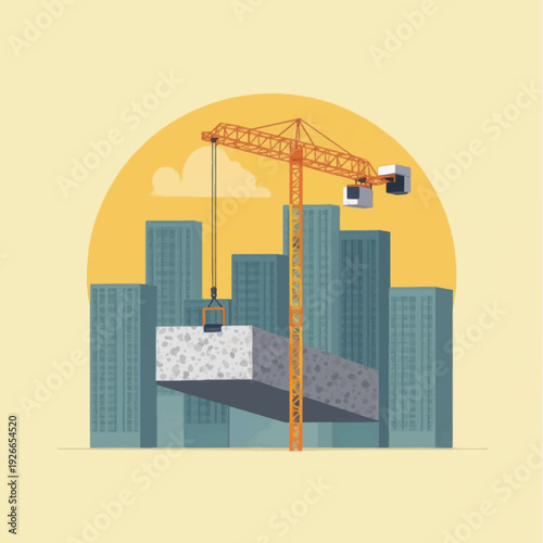 Crane Lifting Concrete Block in Construction Site.