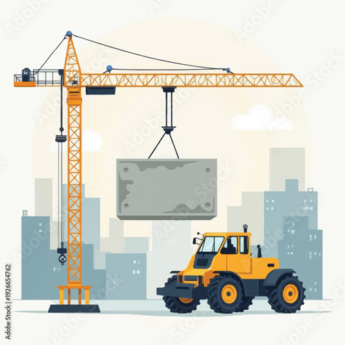 Yellow Crane and Tractor Construction Equipment.