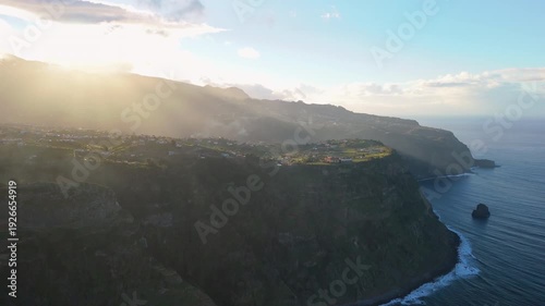 Golden Hour Light Over Coastal Cliffs and Villages, Madeira Island Portugal