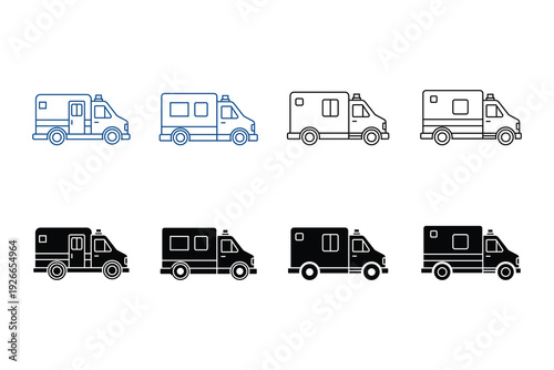 Set of Ambulance and Emergency Medical Vehicle Icons in Line and Solid Styles Vector Illustration