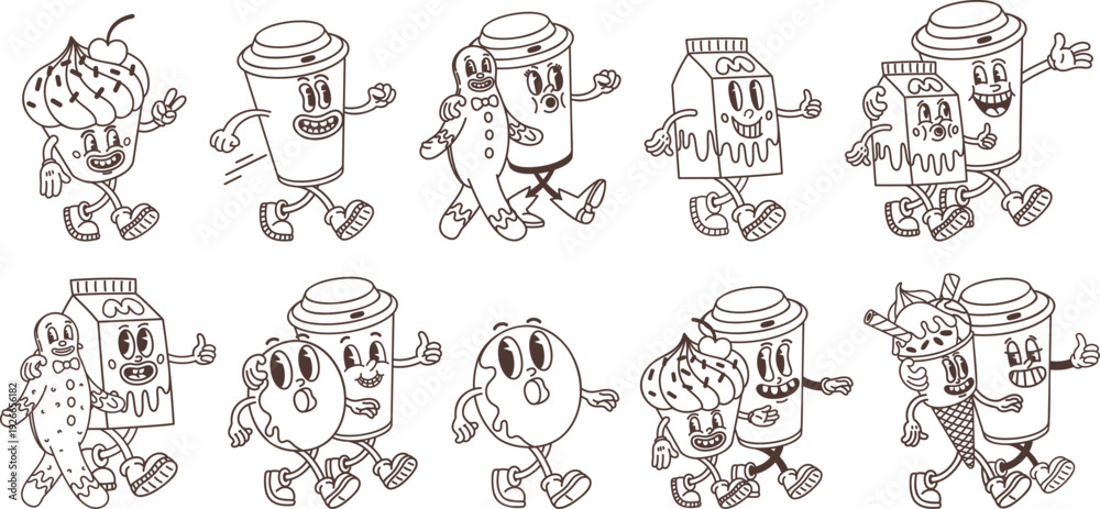Fototapeta premium Line coffee and sweets set with groovy retro cartoon coffee and dessert characters in outline style. Line street food vector elements. Great for stickers, coloring pages and menus.