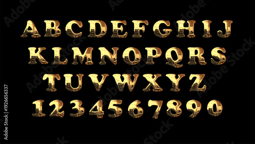 Golden metallic shiny letters and numbers with reflection