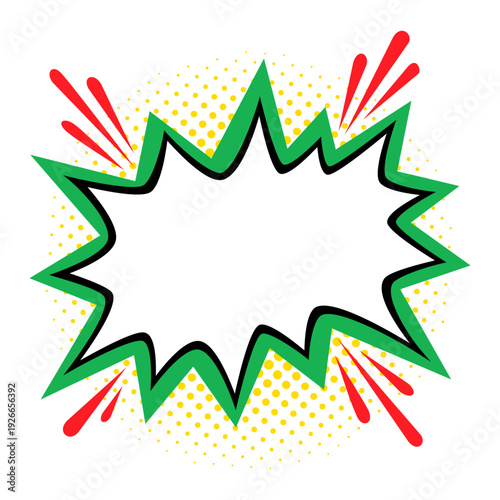 Comic starburst shape with blank center, green burst outline and yellow halftone dots with red accent lines in retro pop art vector style. Starburst shape burst sticker for discount ads, sale posters