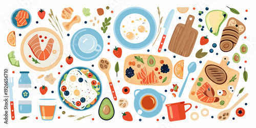 Colorful flat lay illustration of healthy breakfast and food items