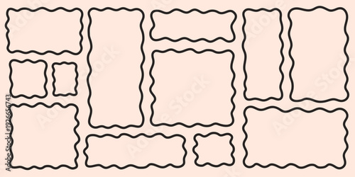 Wavy line shape frame set with organic square and rectangle doodle outlines. Hand drawn zigzag borders for text boxes, labels, posters and playful modern layouts