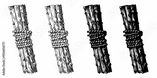 Four wooden poles bound with rope a vintage illustration style