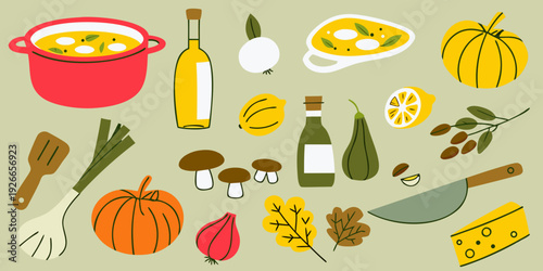 A colorful still life depicting autumnal food and cooking ingredients