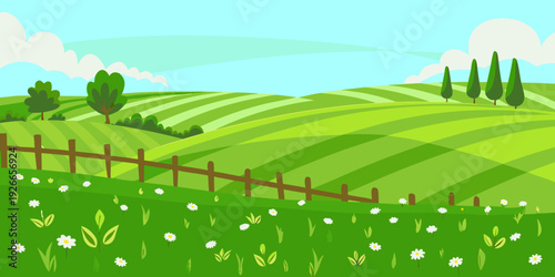 A vibrant cartoon illustration of rolling green hills under a blue sky