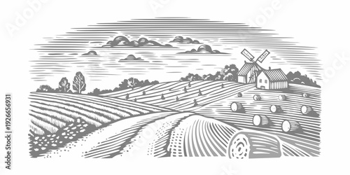 A vintage style landscape featuring a windmill fields and rural scenery