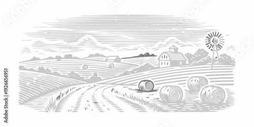 Foto Vintage landscape etching of a rural farm with rolling hills and silos