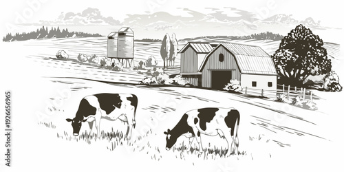 Peaceful farm scene featuring cows a barn and silos in a field
