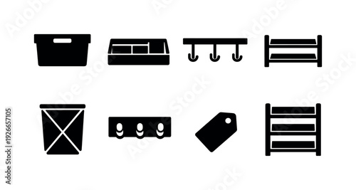 Home organization items: storage bin, drawer organizer, hanging rack, shoe rack, laundry hamper, wall hook, label tag, shelving unit