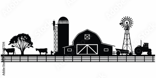 A black and white illustration depicts a classic rural farm landscape