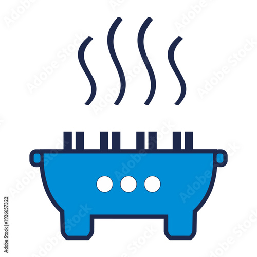 Modern blue grill with smoke rising for outdoor cooking