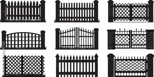 Collection of black silhouette gate and fence designs on white background